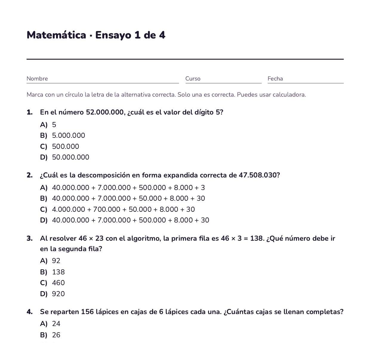 Primera página del ensayo 1 de Matemática de 5° básico: espacio para nombre, curso y fecha, y las cinco primeras preguntas con alternativas A a D.