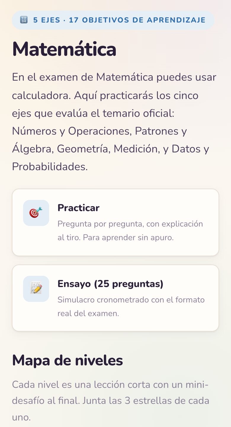 Página de Matemática 5° básico en la app: opciones Practicar y Ensayo de 25 preguntas, y el mapa de niveles.